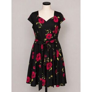 Muadress Black Red Rose Floral Retro Rockabilly Dress Plus Size 3XL Cap Sleeve
